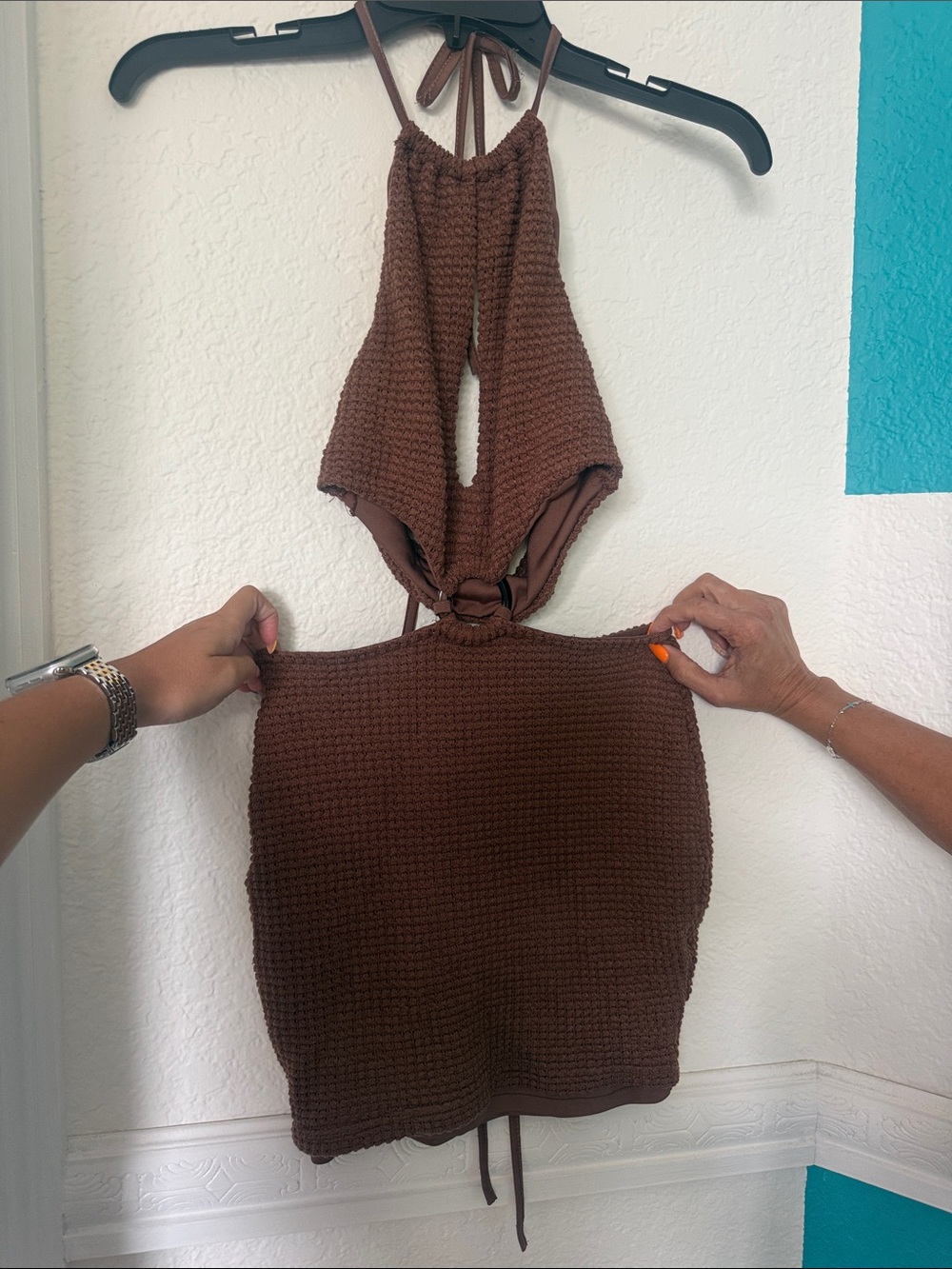 SHEIN Brown Textured Halter Mini Dress